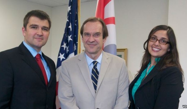 Left to right: George Cernat (Chief Marketing Officer of AudioNow), David Ensor (VOA Director), and Addie Nascimento (Chief of Digital Syndication, BBG's Office of Strategy and Development) signed today's agreement.