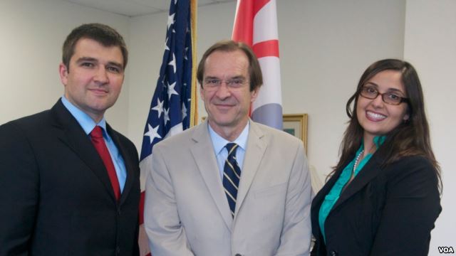 Left to right: George Cernat (Chief Marketing Officer of AudioNow), David Ensor (VOA Director), and Addie Nascimento (Chief of Digital Syndication, BBG's Office of Strategy and Development) signed today's agreement.